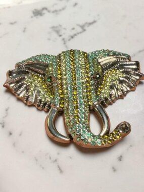 Elephant Brooch Green Rhinestone Statement Lucky Trunk Up 3"